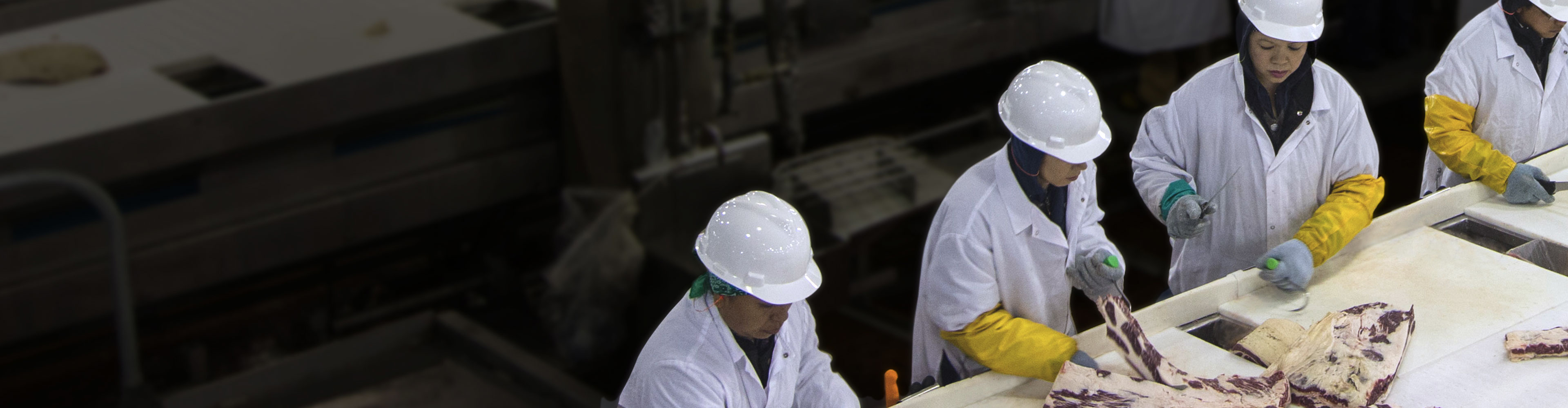 Workers in white coats and hard hats trimming and processing beef cuts along a production line inside a facility.