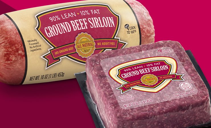 Ground Beef Sirloin (90% lean / 10% fat) chub and brick on a magenta background.