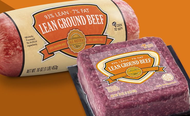 Lean Ground Beef (93% lean / 7% fat) chub and brick on an orange background.