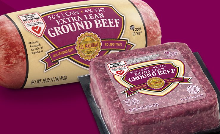 Extra Lean Ground Beef (96% lean / 4% fat) chub and brick on a plum background.