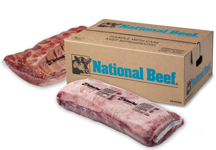 National Beef box with a vacuum-sealed rack of ribs and a sealed beef cut.