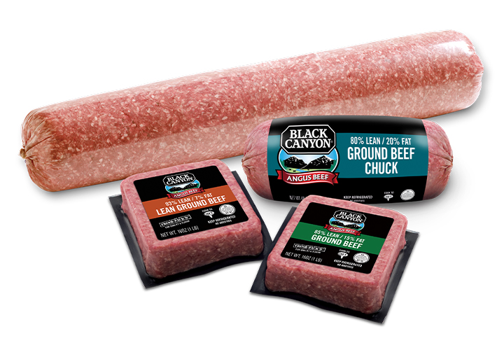 Assorted Black Canyon ground beef chubs and bricks on beige background
