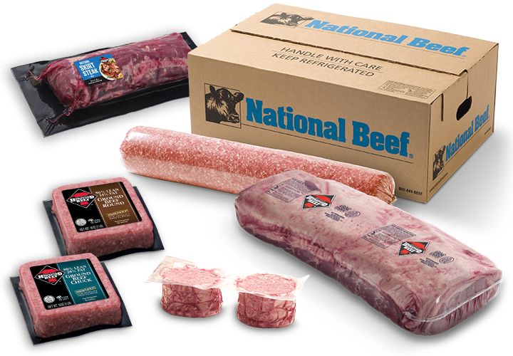 Assorted packaged National Beef and Certified Hereford Beef products, including ground beef chubs, steaks, and patties, displayed in front of a National Beef shipping box