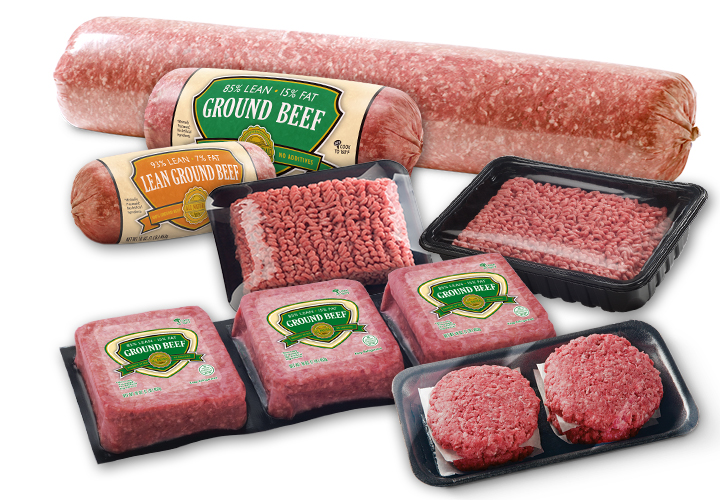 Assorted ground beef products including chubs, trays, and square packs.