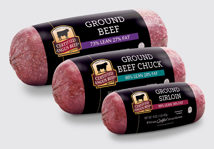 Three Certified Angus Beef ground beef chubs labeled with lean and fat percentages.