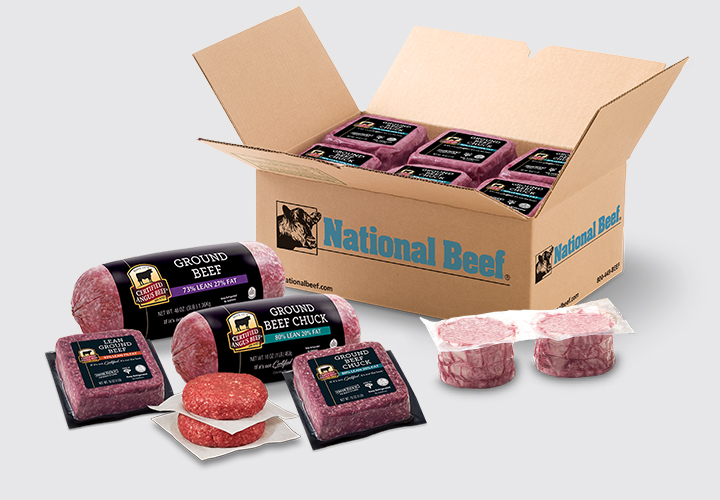 Certified Angus Beef ground beef products and patties displayed with a National Beef shipping box.
