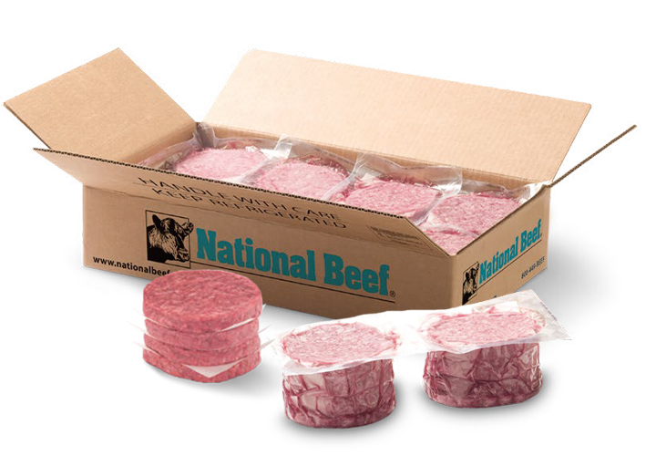 Open National Beef box filled with packaged ground beef patties.