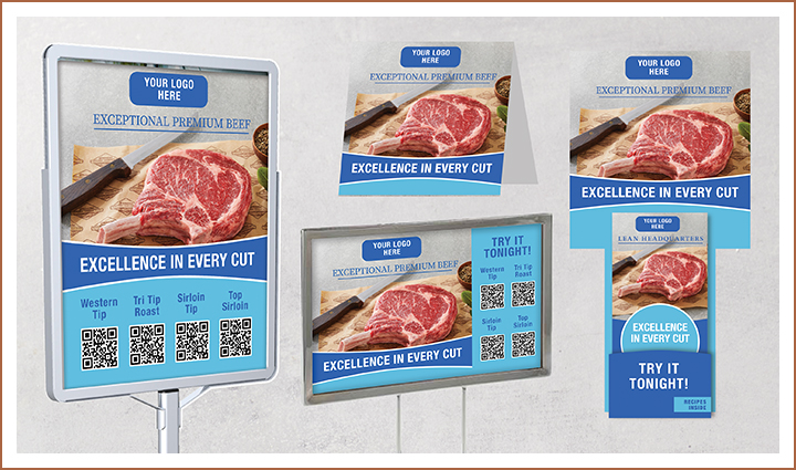 Set of in-store beef signage designs featuring ribeye steak photos and promotional text