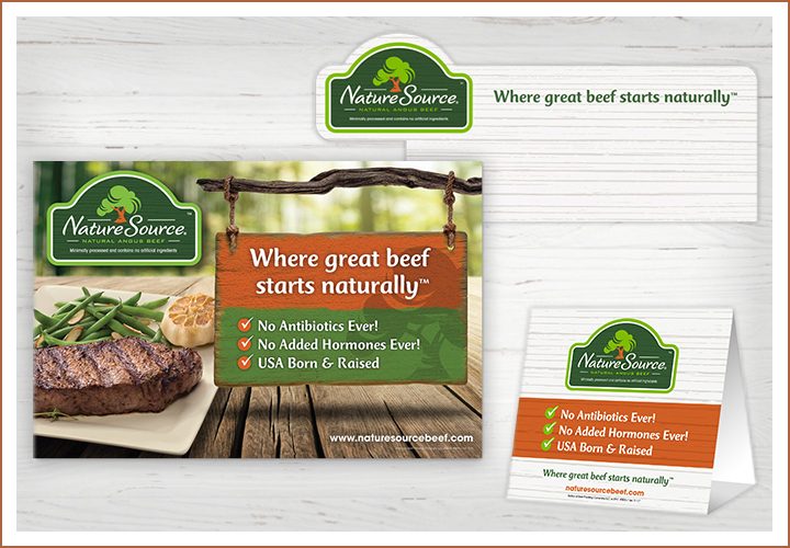 NatureSource branded beef marketing materials with steak image and list of natural product claims