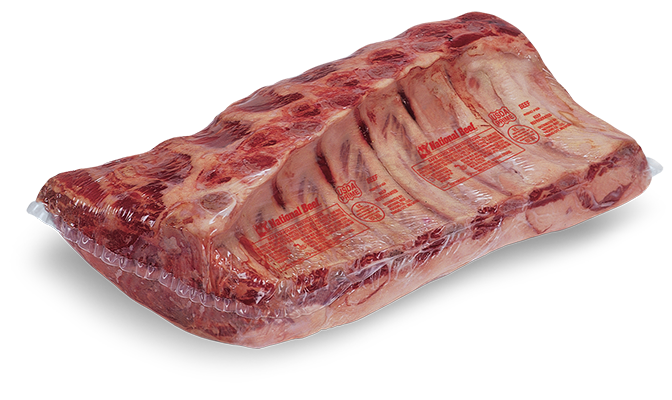Vacuum-sealed bone in ribeye cut in branded packaging.