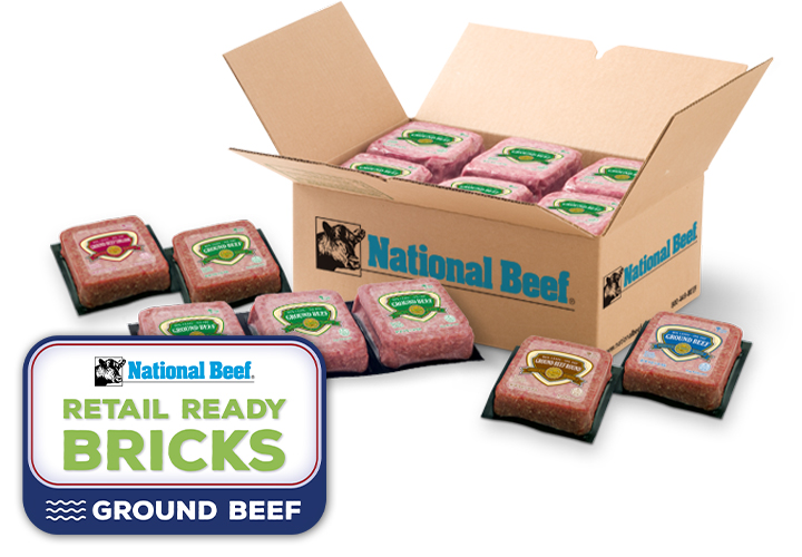 National Beef box with multiple retail-ready ground beef bricks arranged around it, alongside a “Retail Ready Bricks” label graphic.