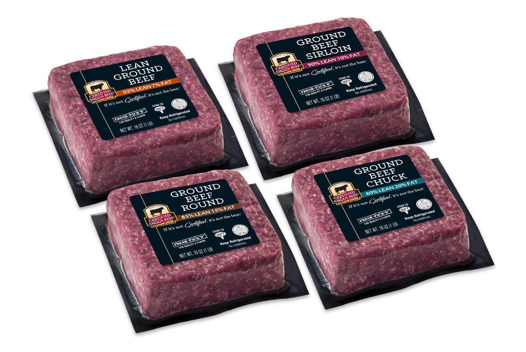 Four Certified Angus Beef ground beef bricks in vacuum-sealed square trays with black labels.
