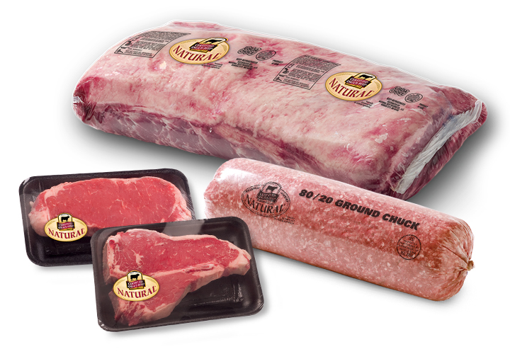 Certified Angus Beef Natural products including primal cuts, tray-packed steaks, and an 80/20 ground chuck chub, all labeled with the Natural program logo