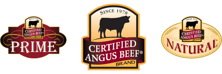Three Certified Angus Beef brand logos for Prime, original, and Natural programs