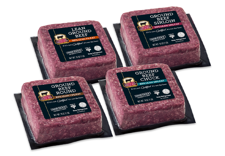Four Certified Angus Beef ground beef bricks in square black trays with product labels.