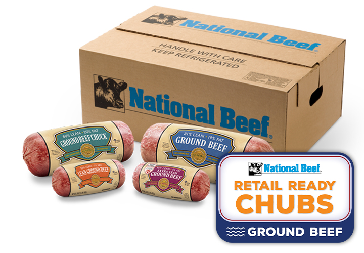 National Beef box with assorted labeled ground beef chubs arranged in front, alongside a “Retail Ready Chubs” label graphic.