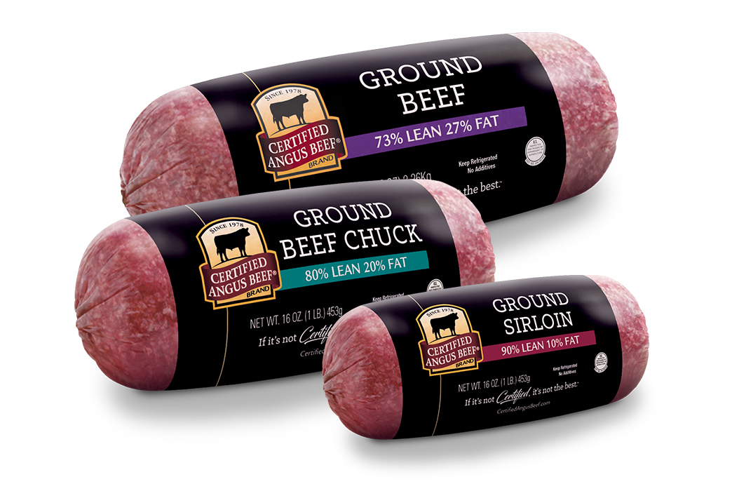 Three Certified Angus Beef ground beef chubs labeled with lean and fat percentages.