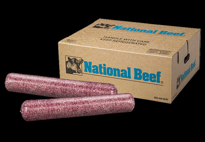 Two ground beef chubs placed in front of a National Beef cardboard box.