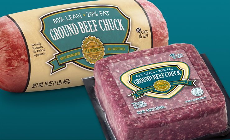 Ground Beef Chuck chub and brick on a teal background.