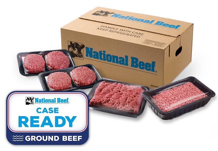 National Beef box with case-ready ground beef products including patties and tray-packed ground beef.
