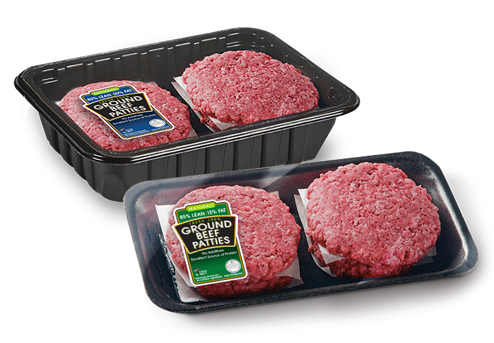 Two packages of ground beef patties in black trays, each labeled with product information.