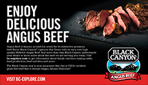 Black Canyon Angus Beef sign with sliced steak and enjoy delicious angus beef headline