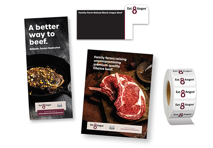 Est. 8 Angus point-of-sale materials including beef posters, a beef case sign, and a roll of branded labels