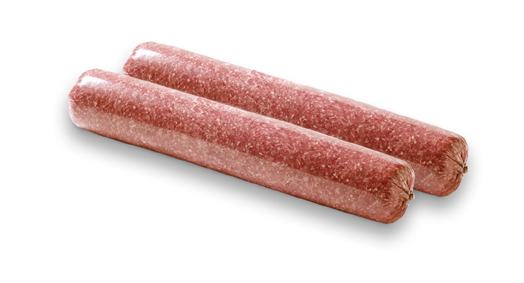 Two long chubs of ground beef in clear casing on a dark background
