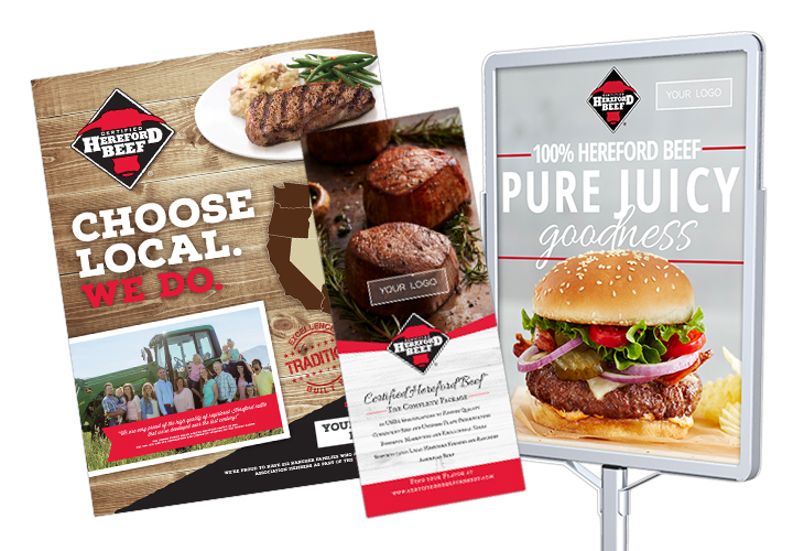 Certified Hereford Beef promotional signs featuring steaks, burgers, and branding at the bottom