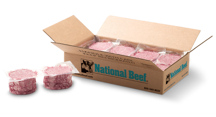 Open National Beef box filled with individually wrapped beef patties with two patties displayed in front