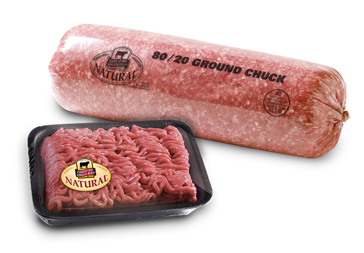 Certified Angus Beef Natural 80/20 ground chuck chub and tray-packed ground beef with product labels visible on a light background