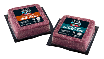 Square vacuum-packed Black Canyon ground beef brick with label