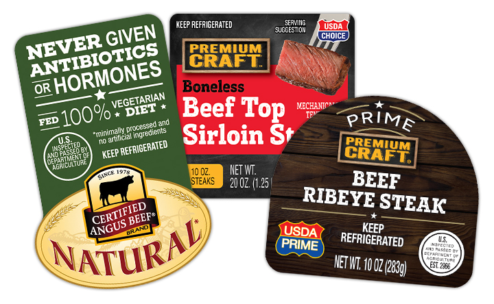 Assorted product labels for Premium Craft beef cuts and natural beef claims.