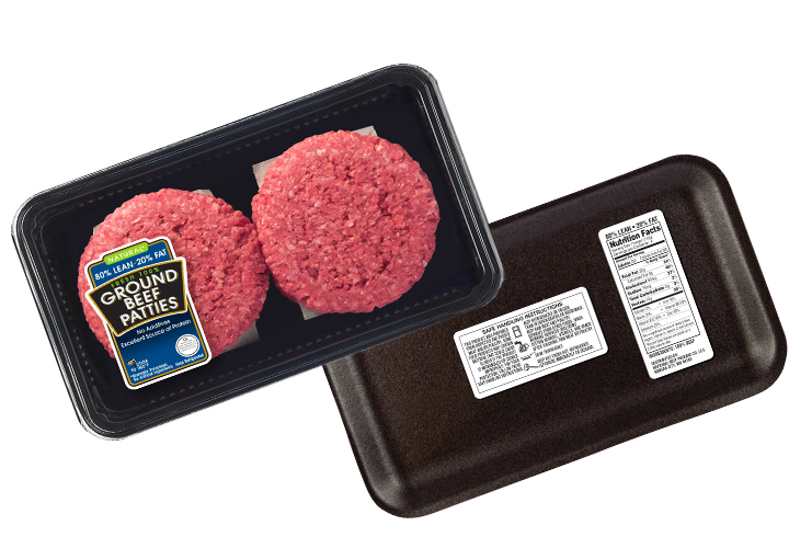 Two ground-beef patties in a black foam tray with product label and back label.