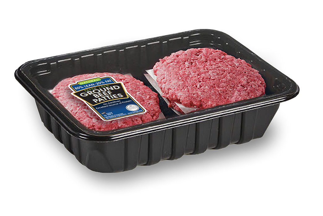 Two raw ground-beef patties in a black plastic lidded tray.