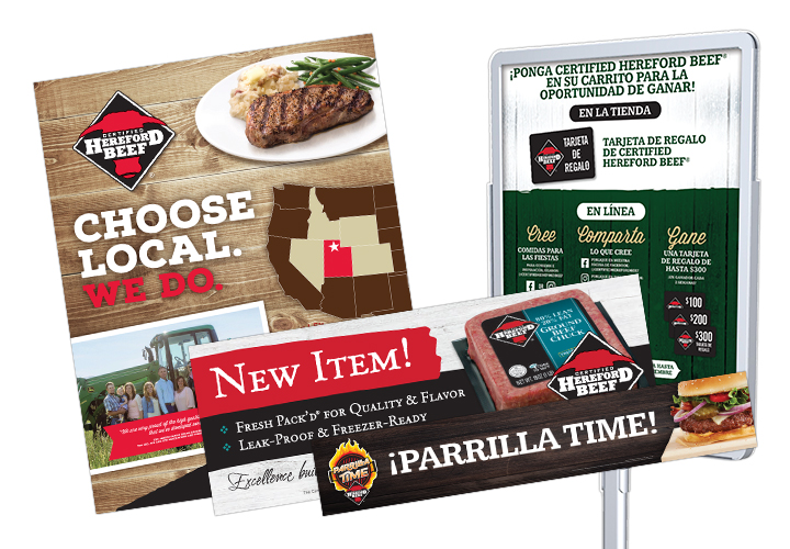 Collage of Certified Hereford Beef marketing materials and in-store signage