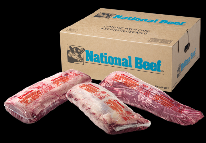 Cardboard National Beef box with three vacuum-sealed prime primals.
