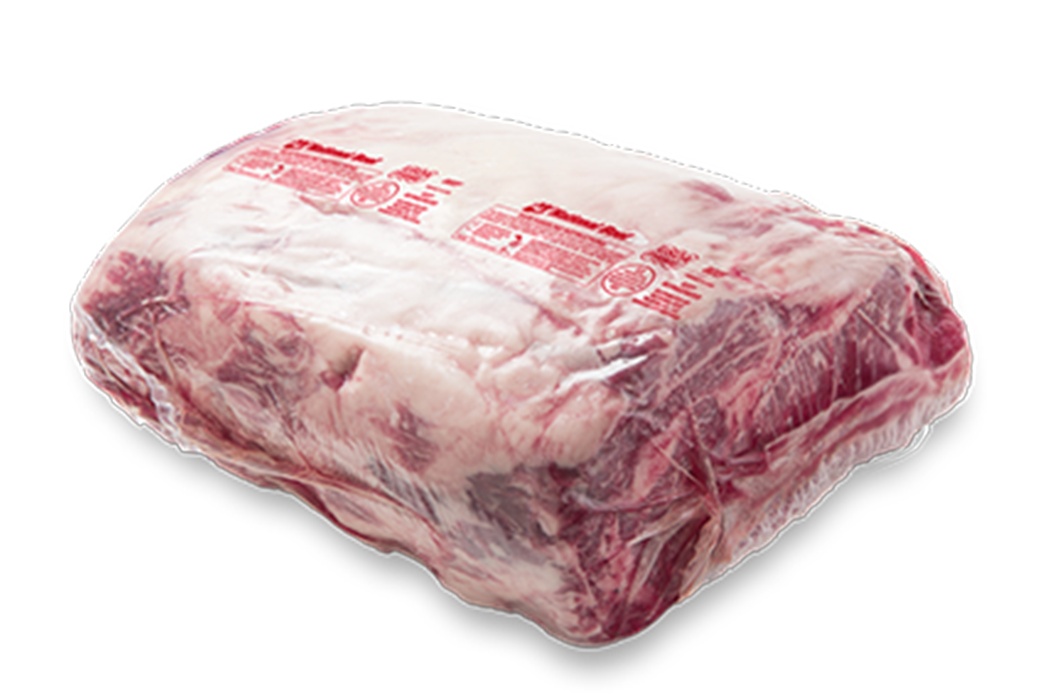 Vacuum-sealed mixed beef primal cuts in branded packaging.