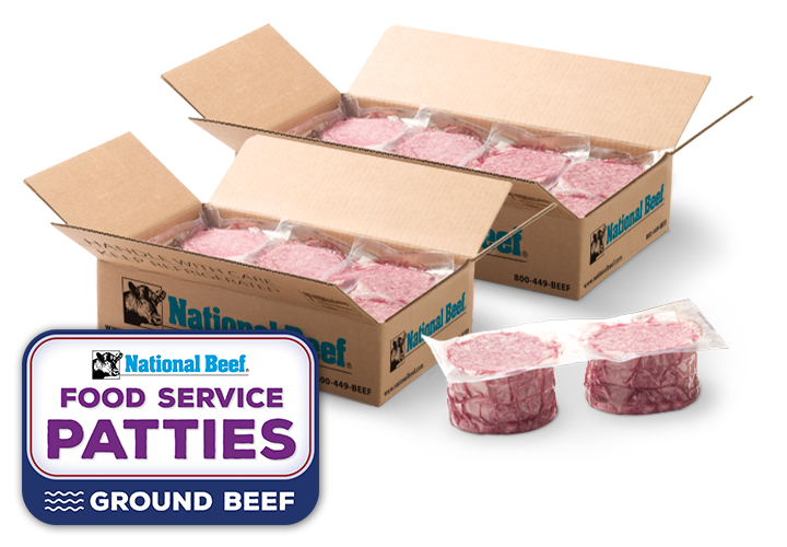Open National Beef cases filled with vacuum-sealed ground beef patties, with two patties displayed in front next to a “Food Service Patties” label graphic.
