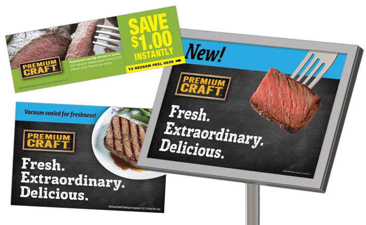 Point-of-sale marketing materials showing cooked steak images and “Premium Craft” branding.