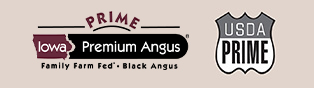 Iowa Premium Angus Prime Family Farm Fed Black Angus logo next to a USDA Prime shield badge