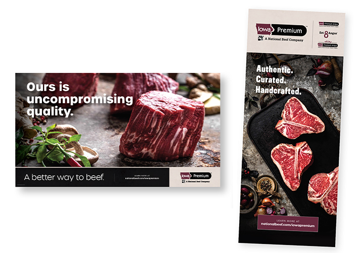 Iowa Premium beef point-of-sale materials including steak posters, signage, and a roll of branded labels
