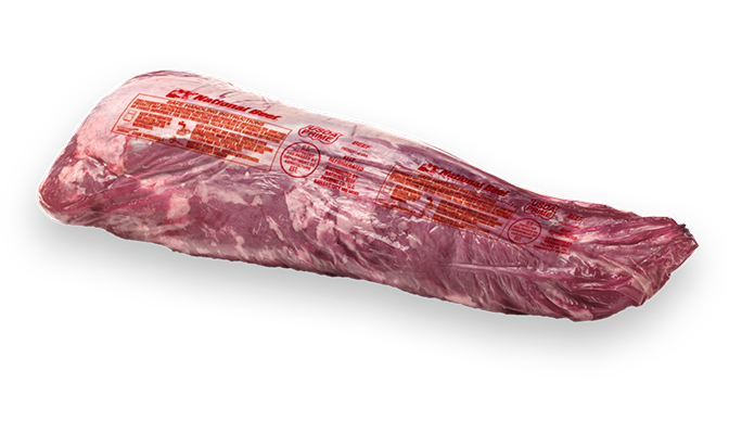 Vacuum-sealed beef tenderloin in branded packaging.