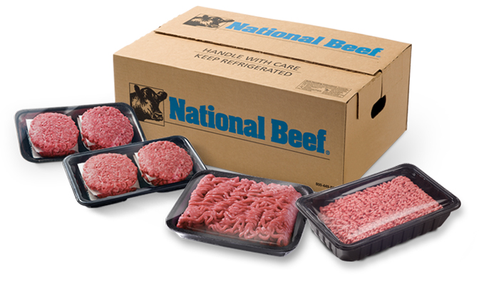 National Beef case-ready ground beef products, including patties, ground beef trays, and brick packs.