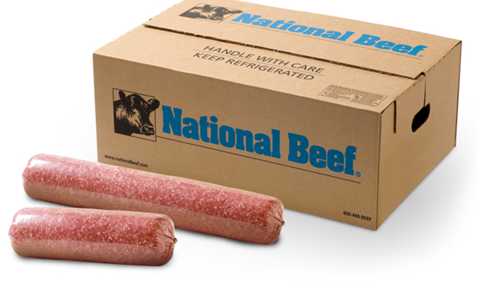 National Beef shipping case with two clear-wrapped ground beef chubs displayed in front.