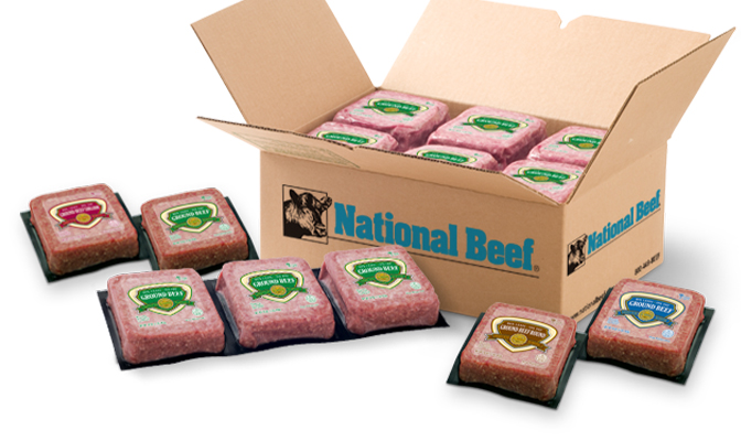 Case of National Beef ground beef bricks with several vacuum-sealed bricks displayed in front.