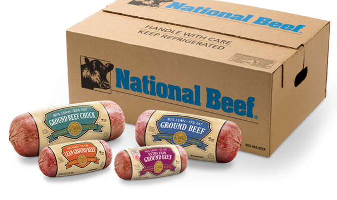 National Beef shipping case with assorted ground beef chubs in different label varieties.