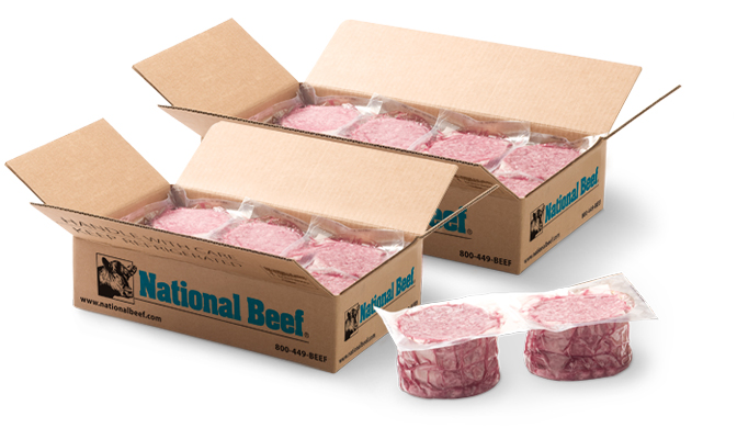 Two open National Beef cases containing vacuum-sealed fresh ground beef patties, with two patties shown in front.