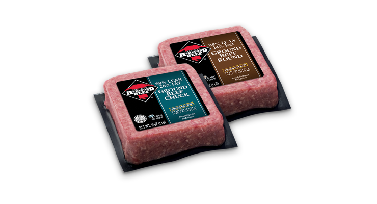 Two square packages of Certified Hereford Beef ground beef bricks with product labels