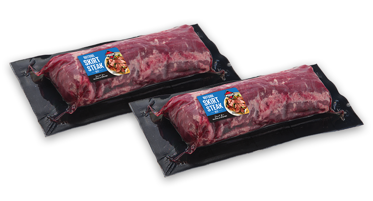 Two vacuum-sealed Certified Hereford Beef flank or skirt steaks in clear trays with product labels